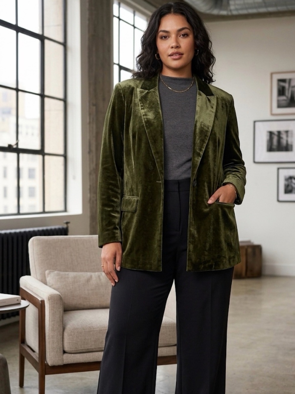 Sanctuary Olive Velvet Single-Button Blazer